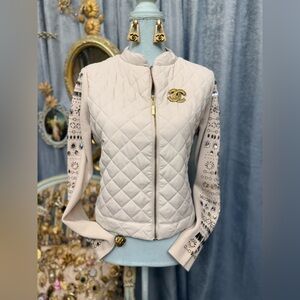 Chico’s Cream Quilted Jacket with Embellished Knit Sleeves and Jewelry Set